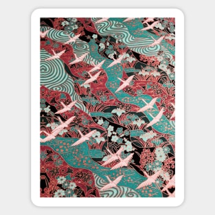 FLYING WHITE CRANES ON BLUE WATERS AND SPRING FLOWERS Antique Red Teal Green Japanese Floral Sticker